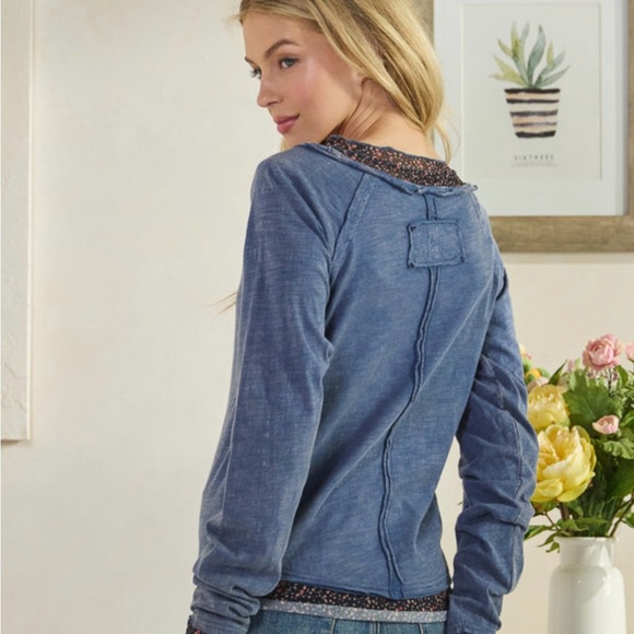 Oli & Hali Denim Blue Long Sleeve Top with Patterned Trim - Picture 7 of 8